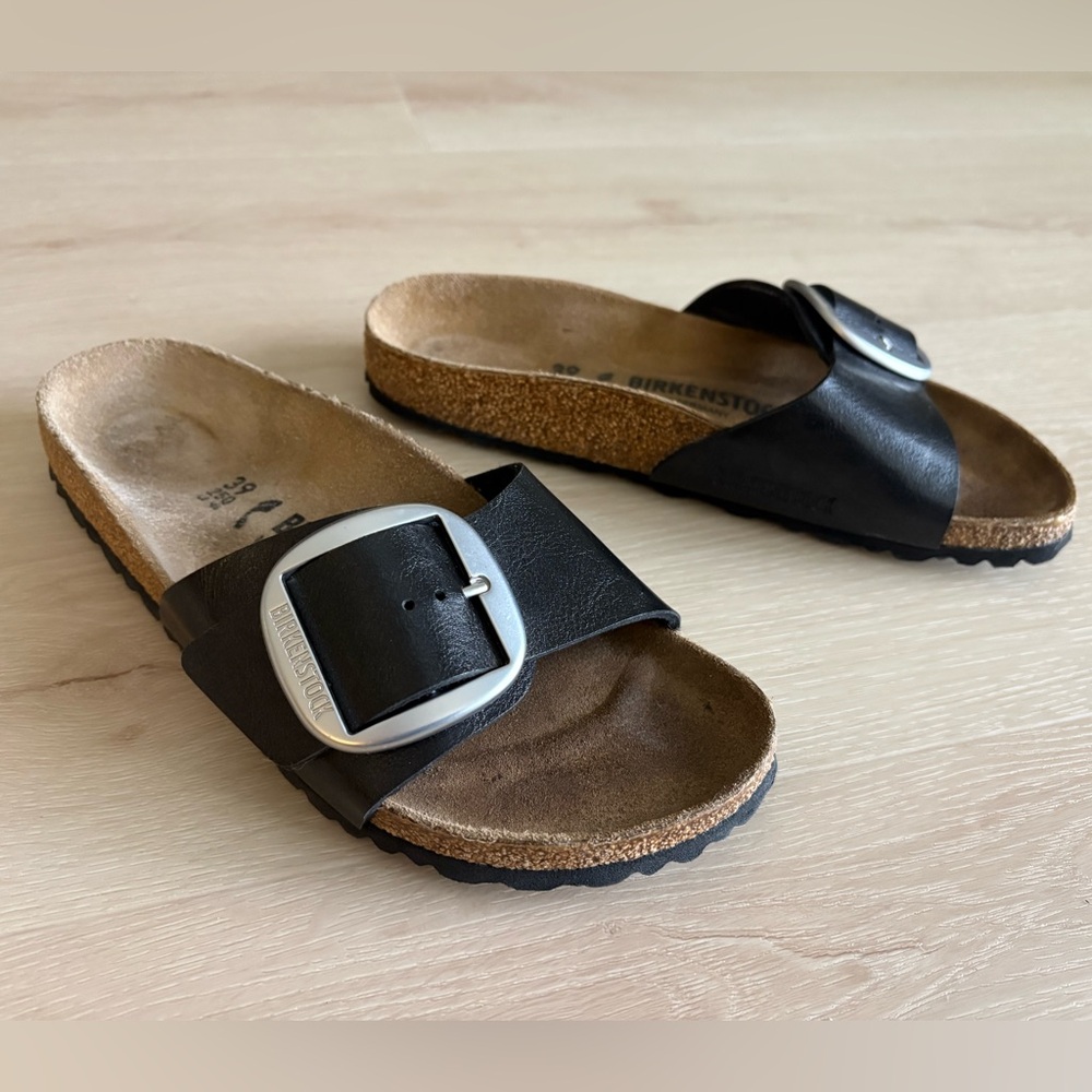 Birkenstock Madrid big buckle black leather strap silver buckle sandals
